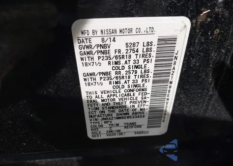 2014 Nissan Murano Sl из США, поврежденный, VIN JN8AZ1MW6EW533459